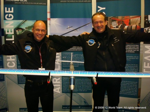 Bertrand Piccard and André' Roschberg of the SolarImpulse at The United Nation's Conference COP15 Copenhagen, Denmark 2009 when the SolarImpulse was a model and a dream.